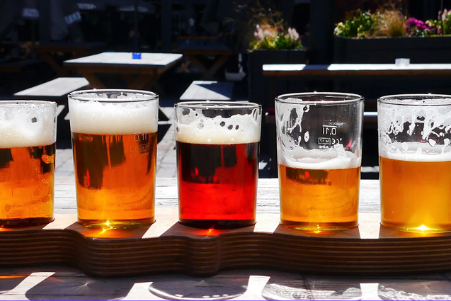 Multiple Glasses of beer lined up on bar